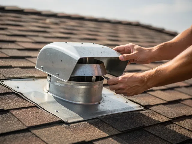 Uxbridge Dryer Vent Cleaning certified technician safely cleaning a roof-mounted dryer vent in Uxbridge