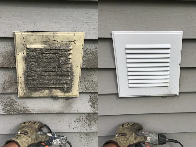 Uxbridge Dryer Vent Cleaning technician installing high-quality dryer vent cover at a residential property in Uxbridge