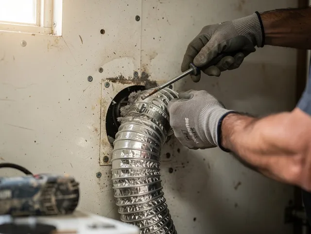 Uxbridge Dryer Vent Cleaning technician performing precise dryer vent hose installation in Uxbridge
